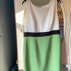Evan Picone White, Black & Light Green Colorblock Midi Dress